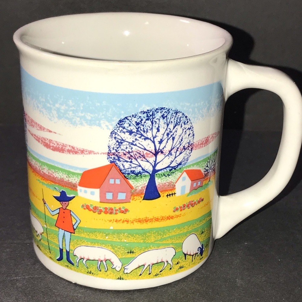 Vintage Stoneware Coffee/Tea Mug Village/Farm Scene Made In Japan